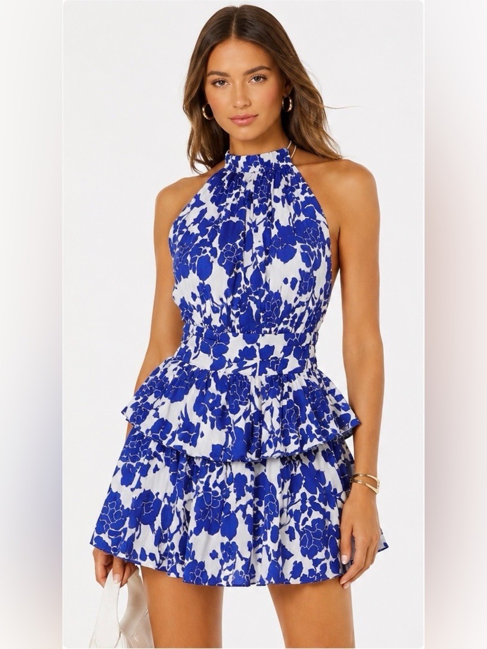 Luxxel Blue White Floral Cotton Halter Mini Dress Medium